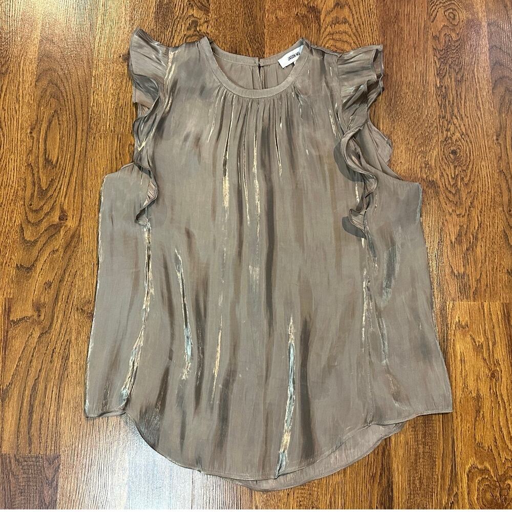 Jason Wu Ruffle Cap Sleeve Top Women’s Large Metallic Taupe Flowy Blouse - Picture 3 of 14
